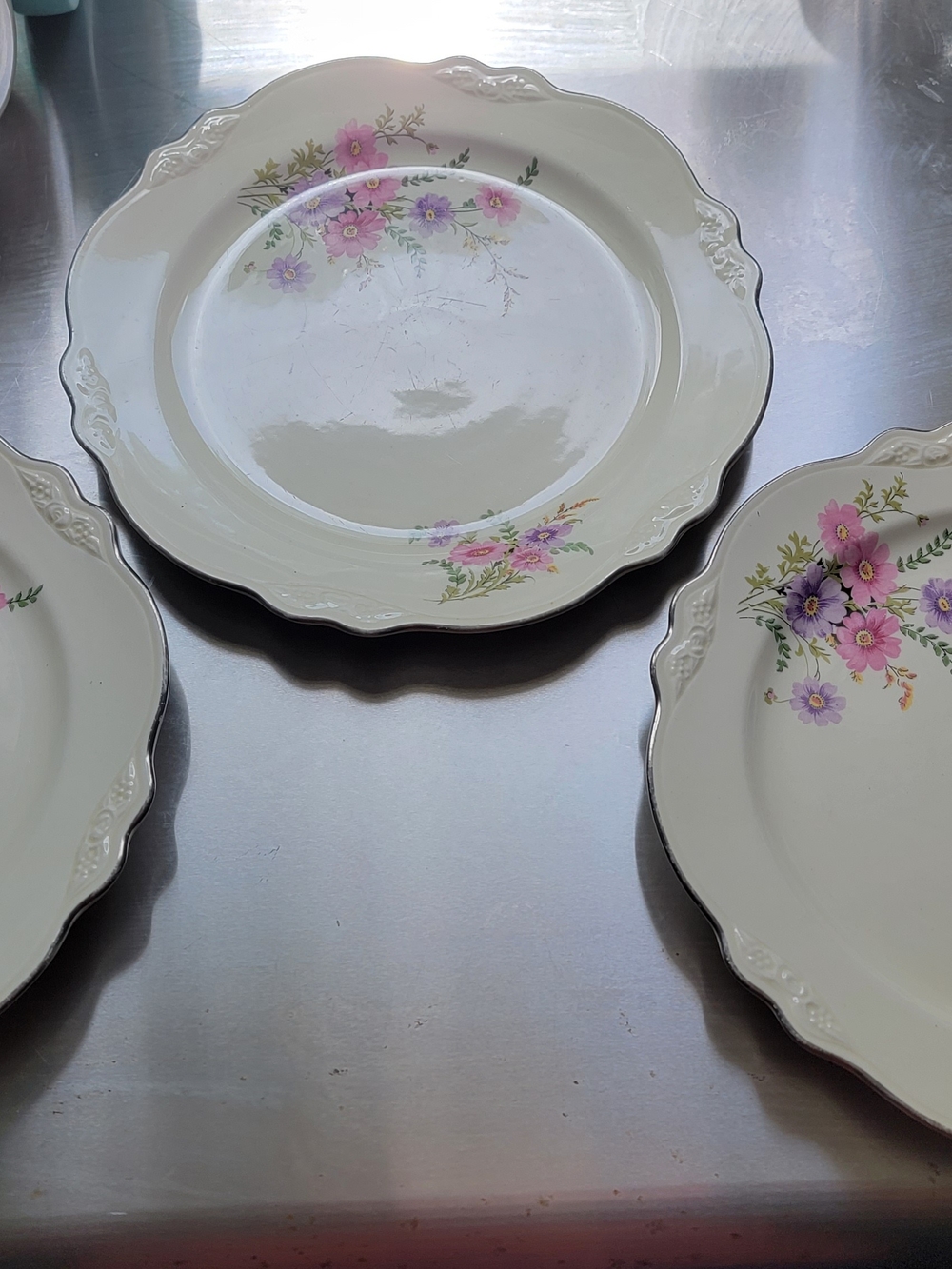 3 Vintage Homer Laughlin Floral Scalloped Dinner Plates Pink & Purple Flowers